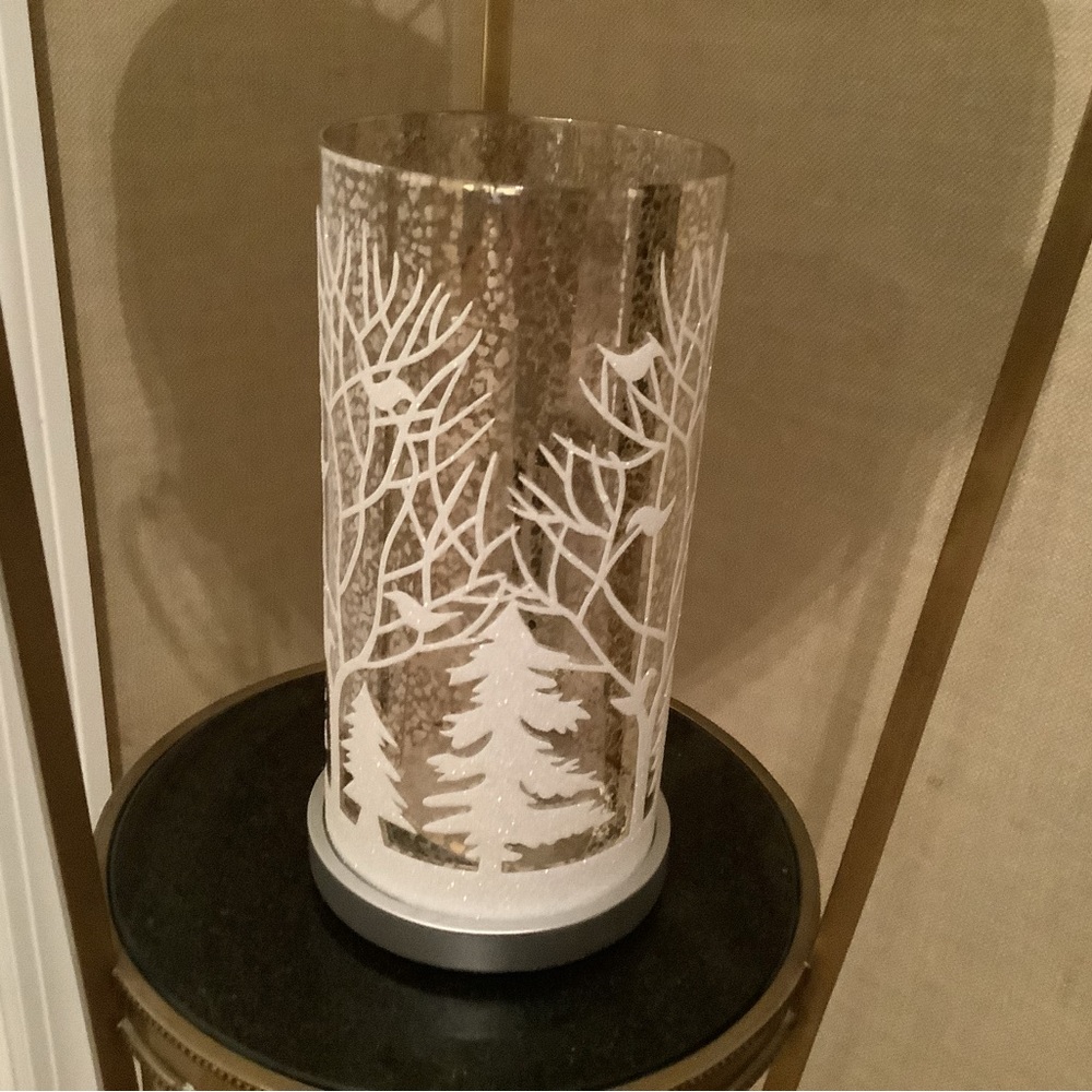 Illuminated Mercury Glass Pillar With Holiday Scene By Valerie Parr Hill